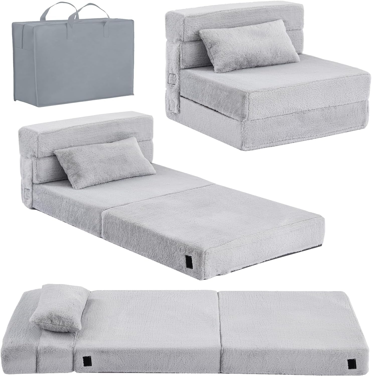 Light gray folding floor mattress shown as seat and flat bed with matching pillow and gray carry bag.