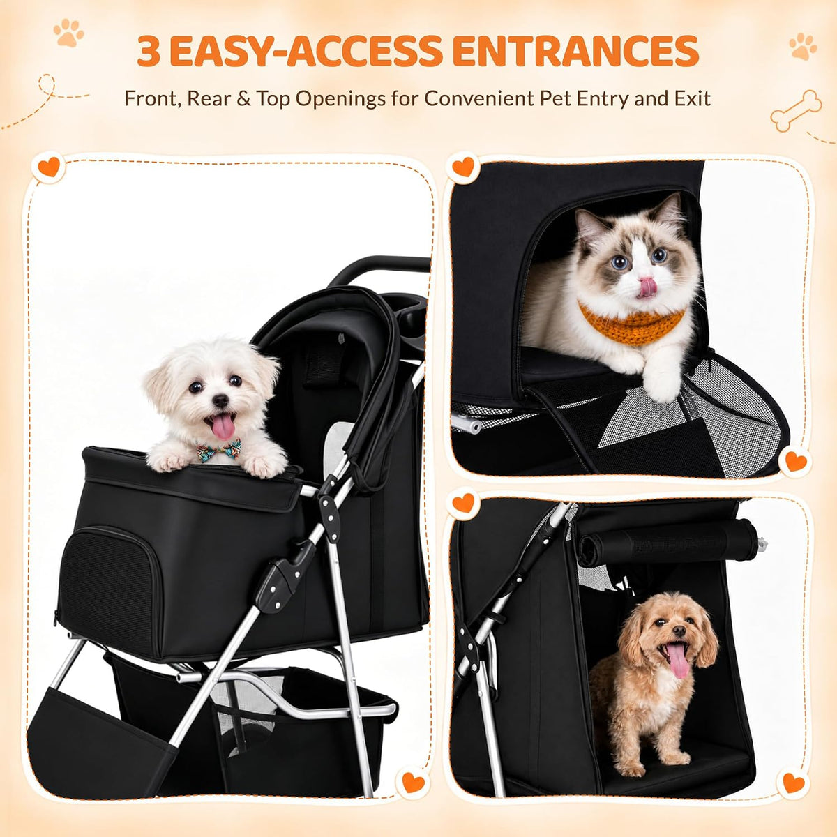 Collage showing three entry views: small dog peeking from top, cat inside a side opening, and dog sitting at rear entrance