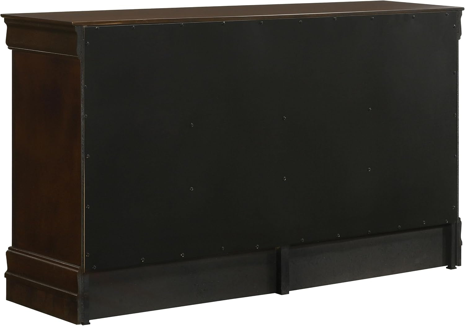 Rear view of the dresser showing a black back panel secured with visible screws and the wooden frame.
