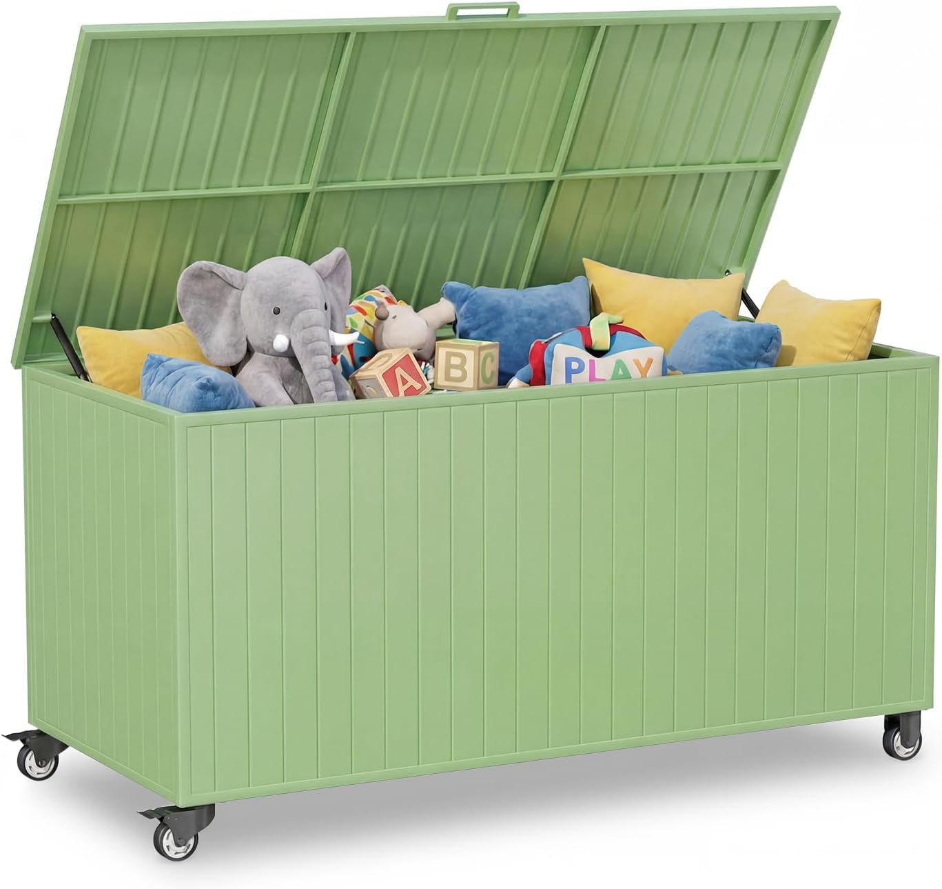 Light green outdoor storage chest on caster wheels, lid propped open with pillows and toys inside