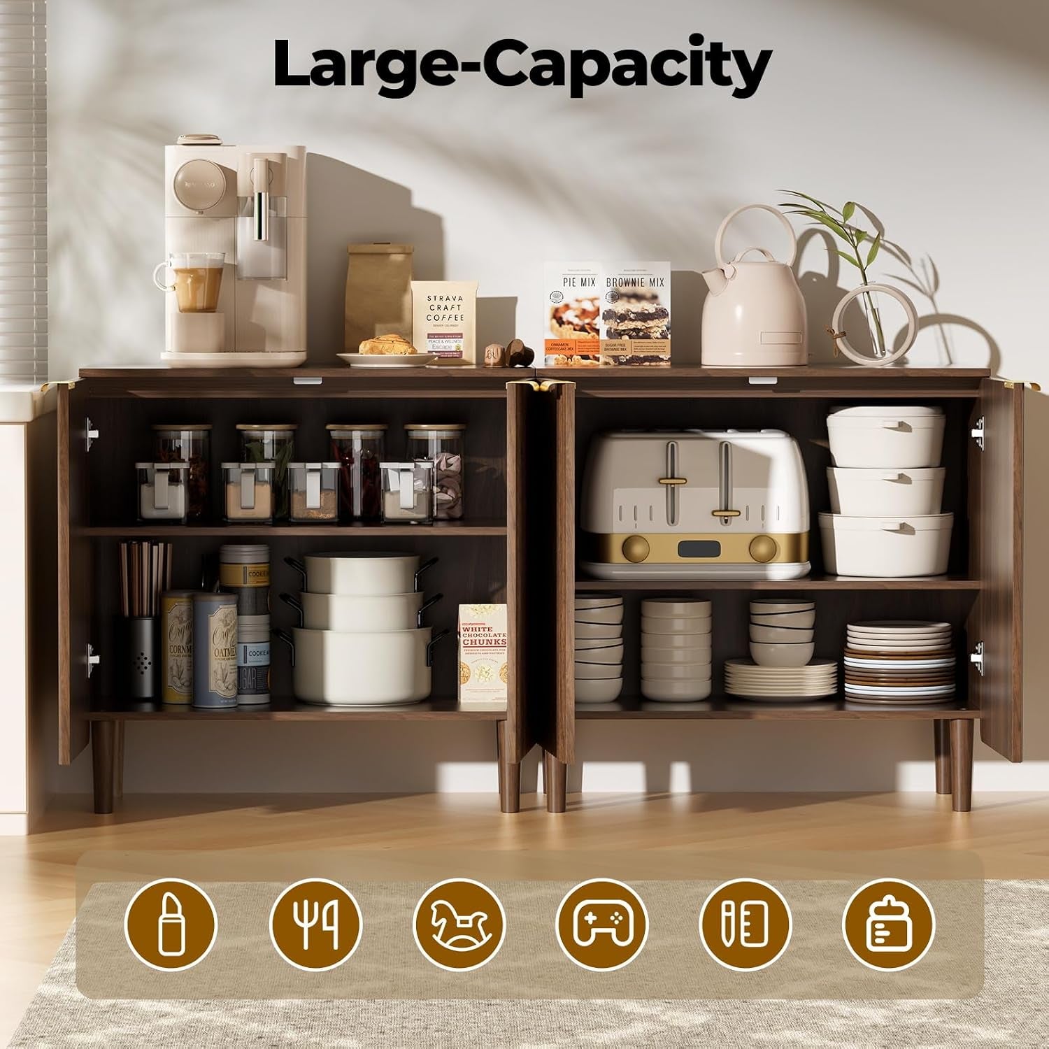 Two walnut sideboards with doors open showing large-capacity storage of dishes and cookware on shelves