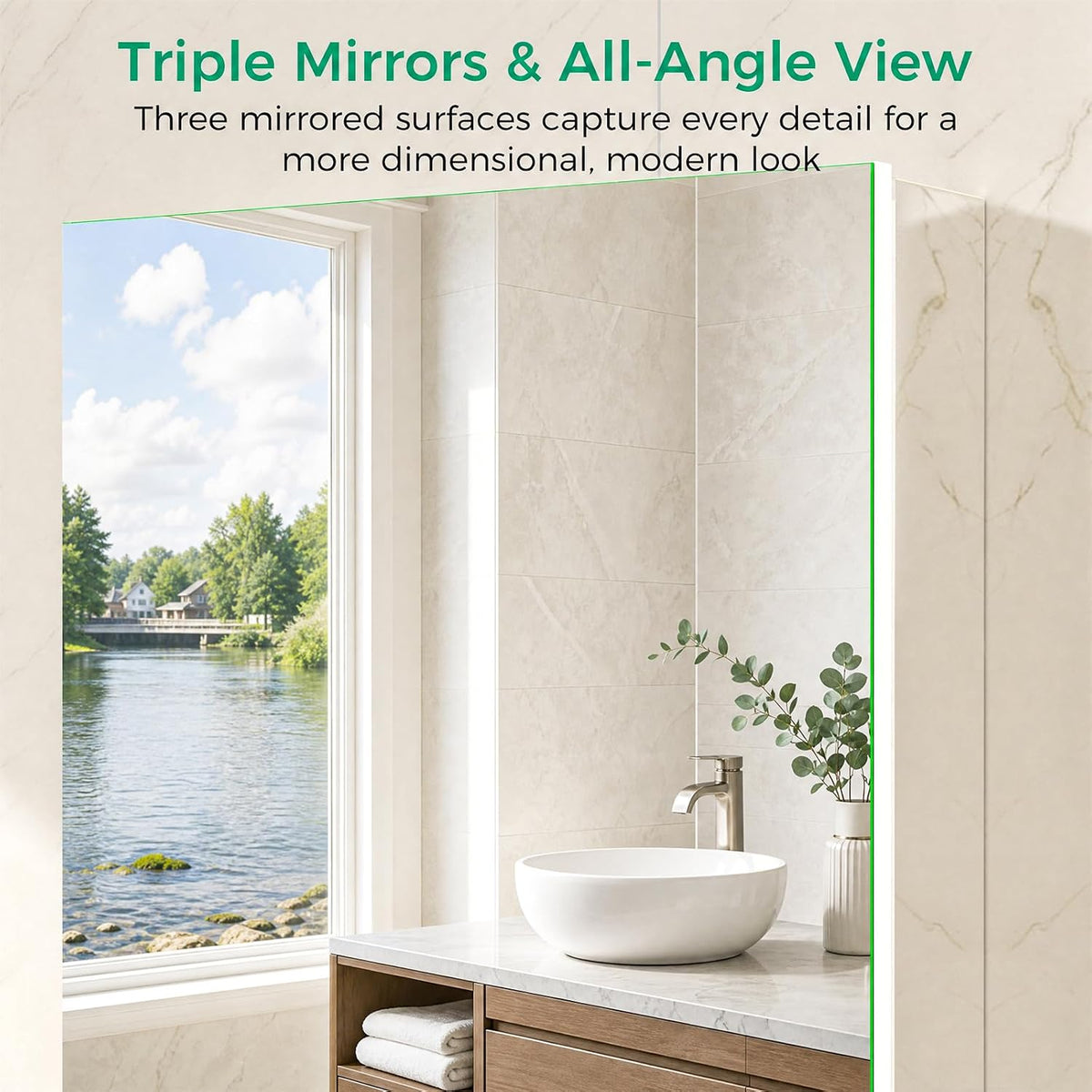 Close-up front view of the mirrored cabinet showing the triple mirrored surfaces and slim side profile