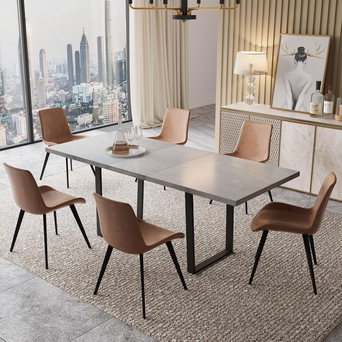 Dining set staged near floor-to-ceiling window overlooking a city skyline, gray table and tan chairs visible.