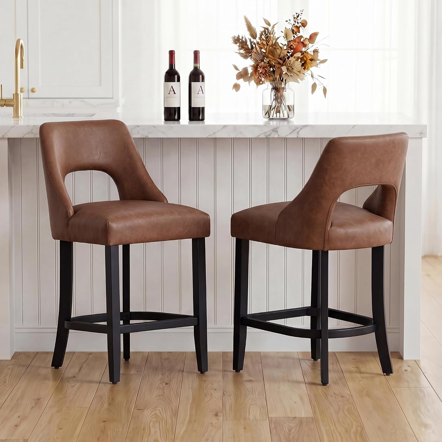 UVV Bar Stools Set of 2, Upholstered Counter Height Bar Stools, Modern Counter Stools with Wood Legs for Kitchen Island Dining Room Bar, Beige