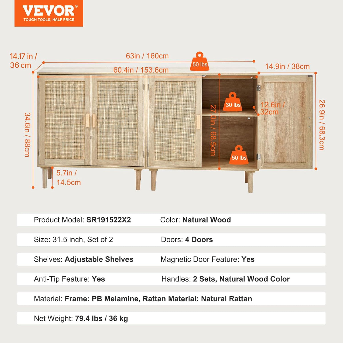 Graphic diagram of the rattan buffet cabinet with dimensional callouts and labeled shelf weight capacities