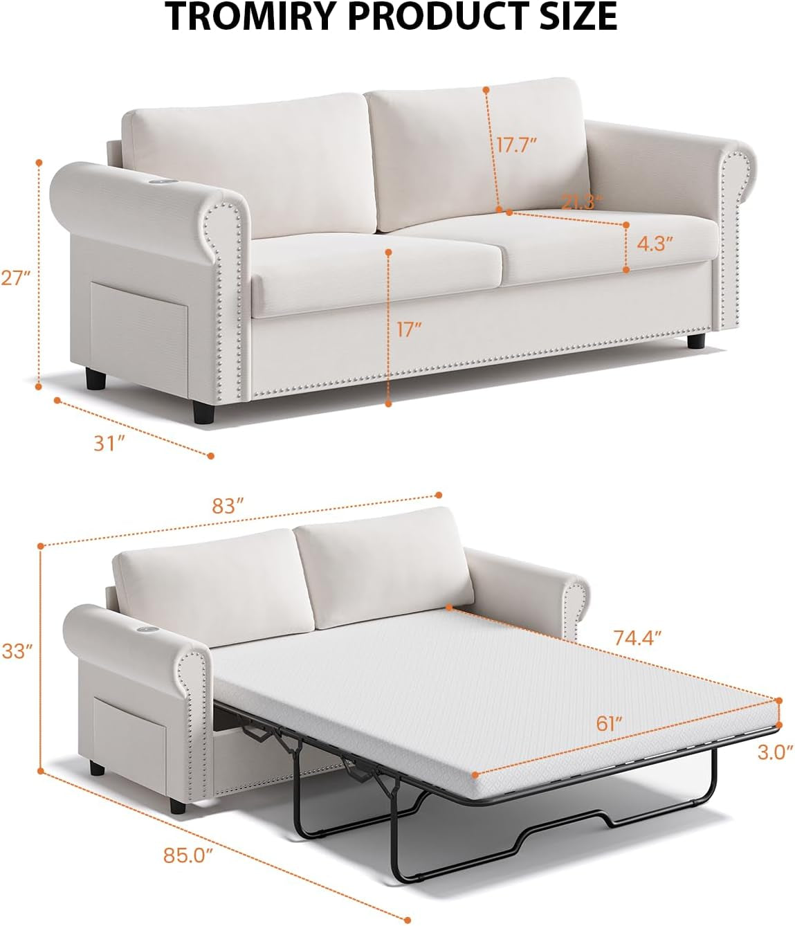 Cream sofa bed with pull-out queen mattress and annotated product dimensions shown front perspective