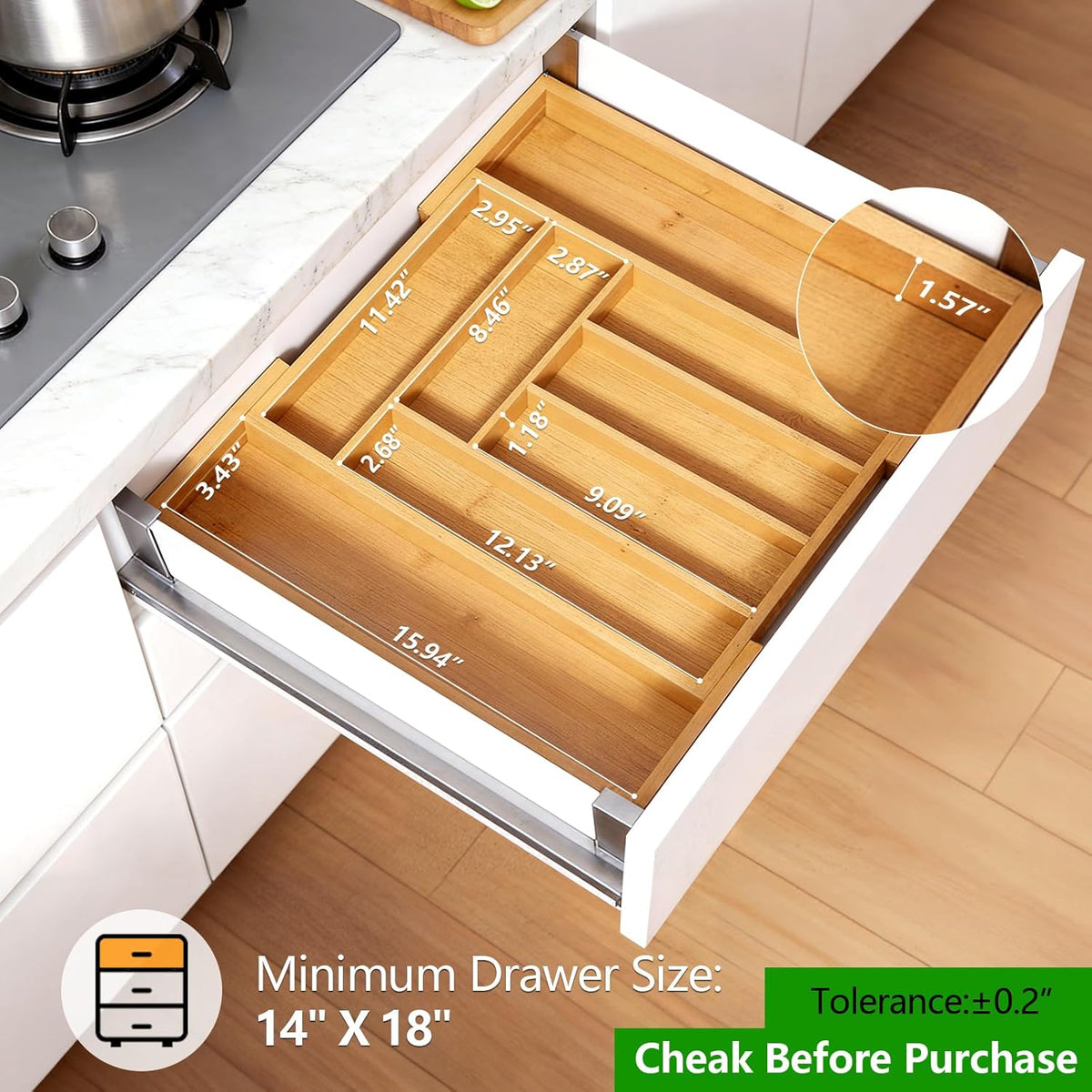 Bamboo organizer installed in a white kitchen drawer with printed measurement callouts over each compartment.