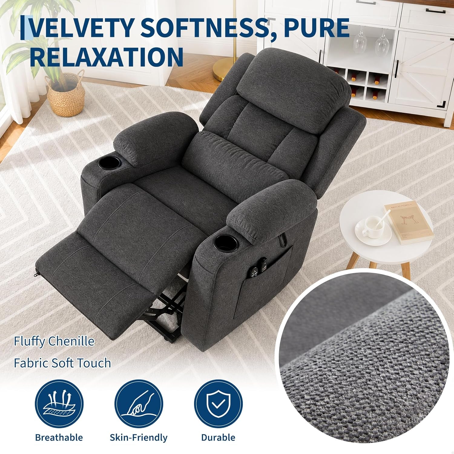 Top-down living room view of a gray recliner with footrest extended and a circular inset showing chenille texture.