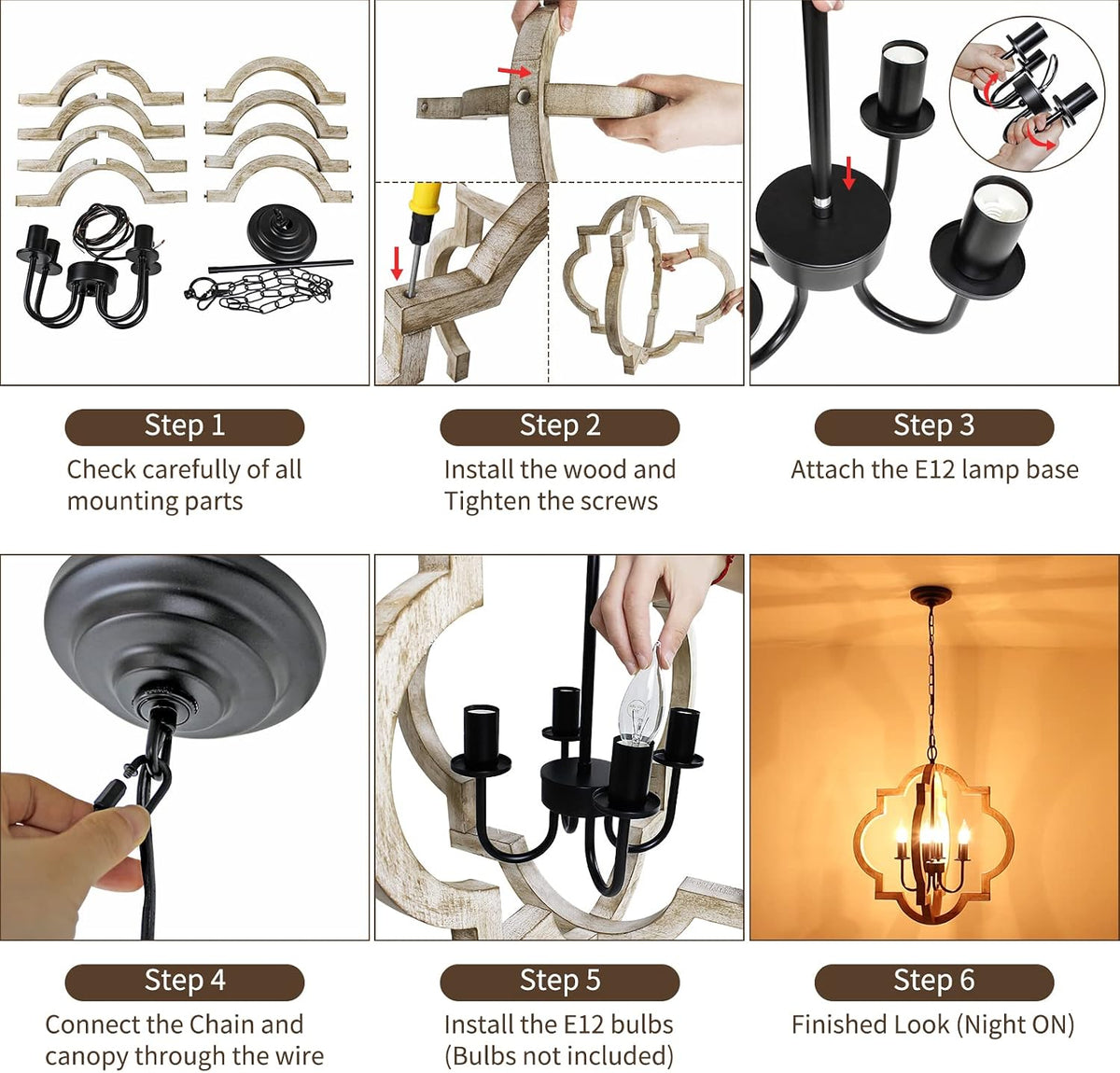 Step-by-step collage showing parts laid out and hands tightening wood pieces and attaching the metal lamp bases