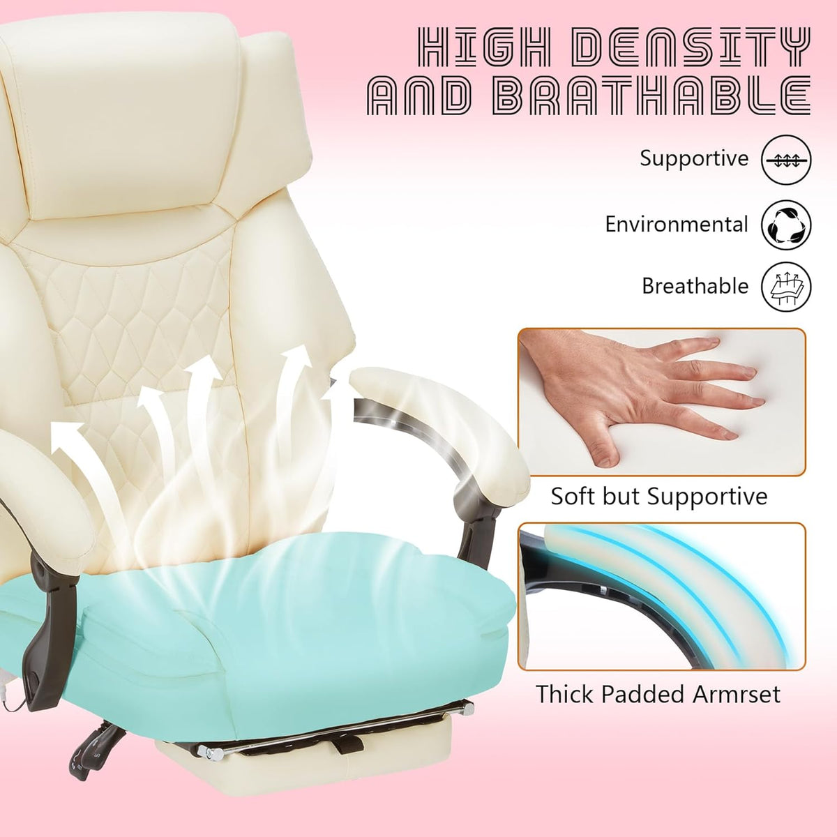 Close-up of cream chair seat and padded armrest highlighting high-density foam and breathable surface