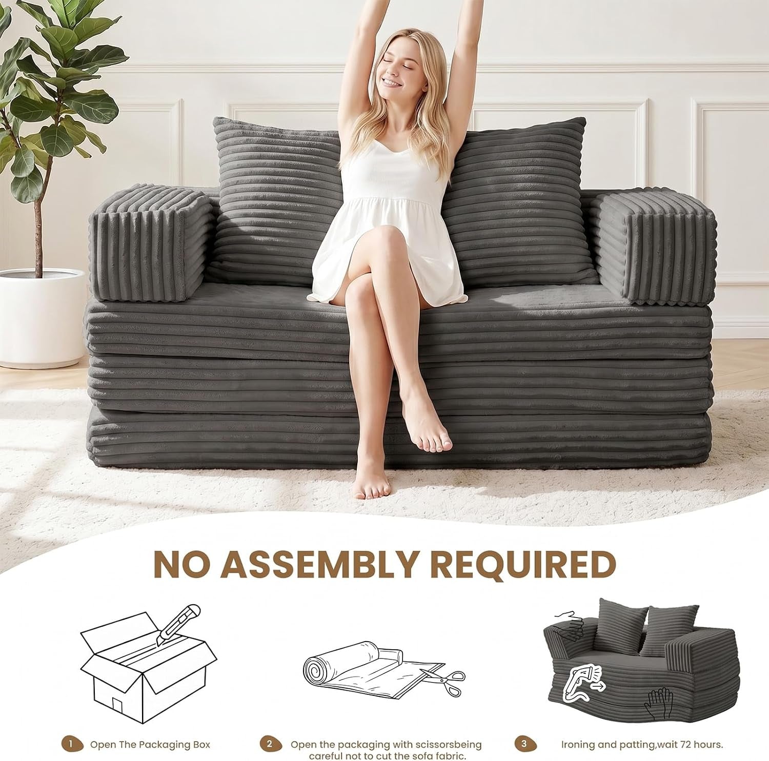 Woman seated on the folded loveseat with two large ribbed back cushions and widened arm sections visible