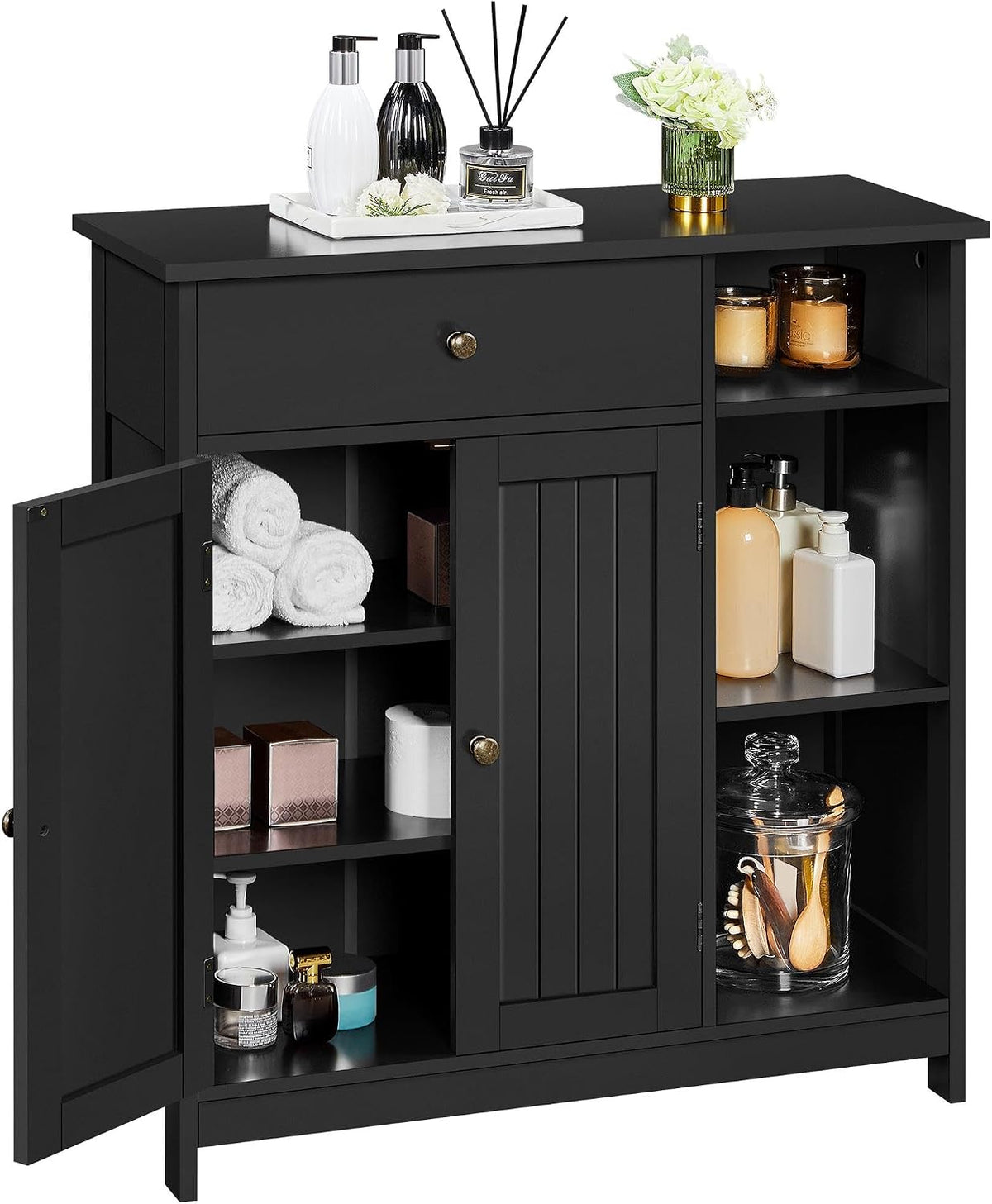 Wider black storage cabinet with a drawer, multiple open cubbies and both side doors open showing toiletries.