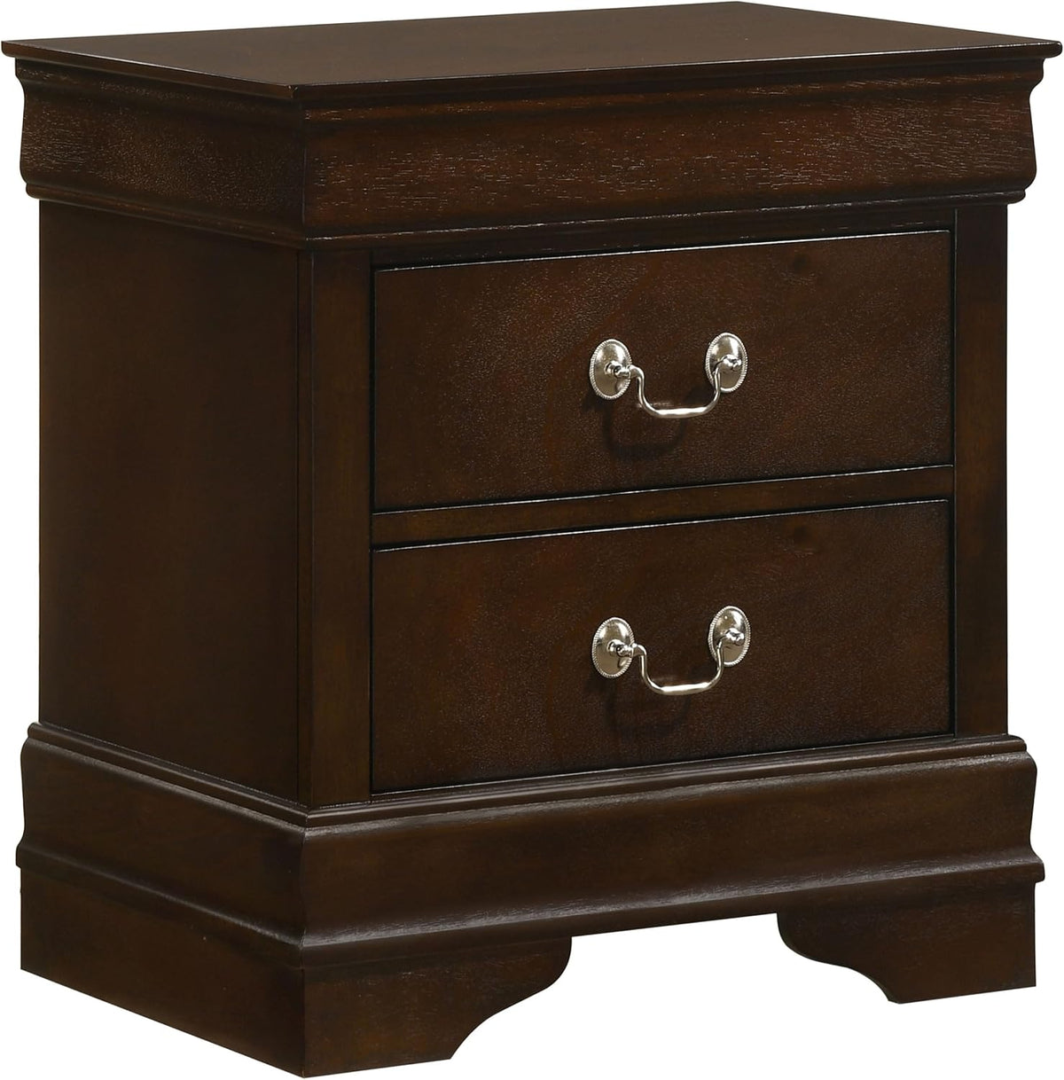 Cappuccino two-drawer nightstand close-up showing nickel-finish bail handles and molded base