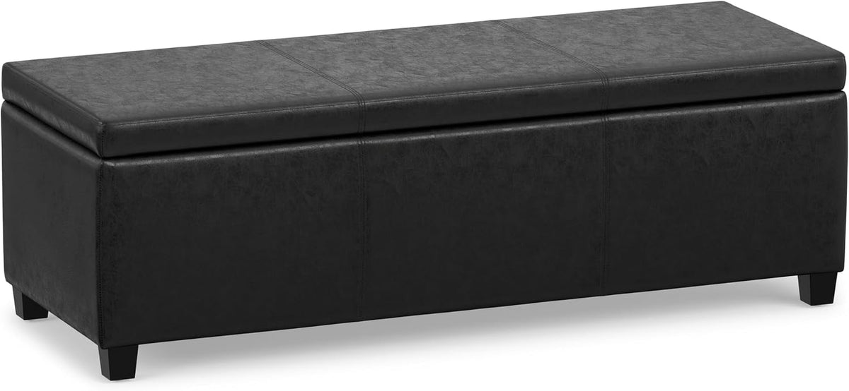Black rectangular lift-top storage ottoman with three stitched top sections and black legs.