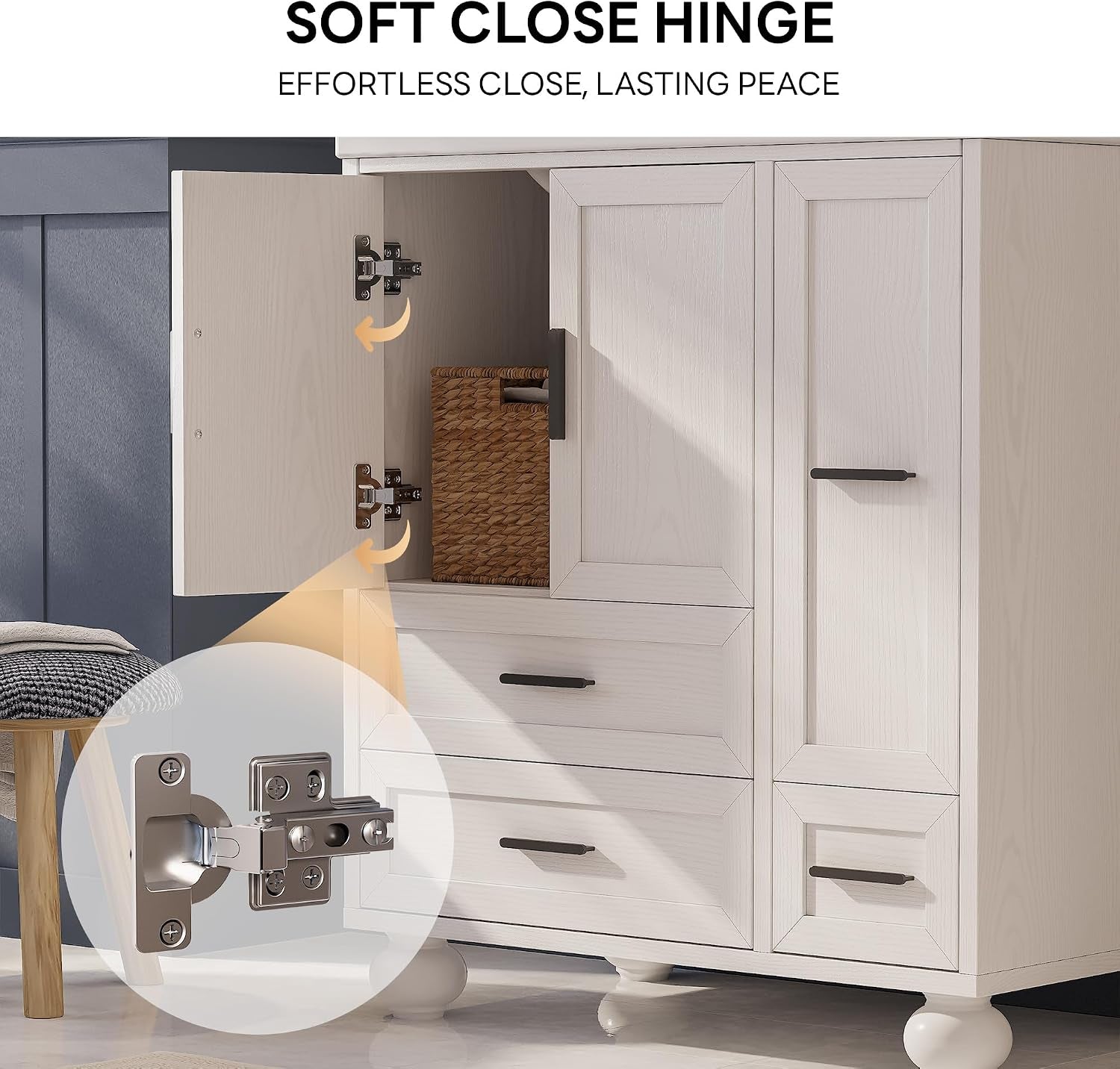 Close-up of an open cabinet door highlighting two soft-close hinge mechanisms and a magnified hinge inset.