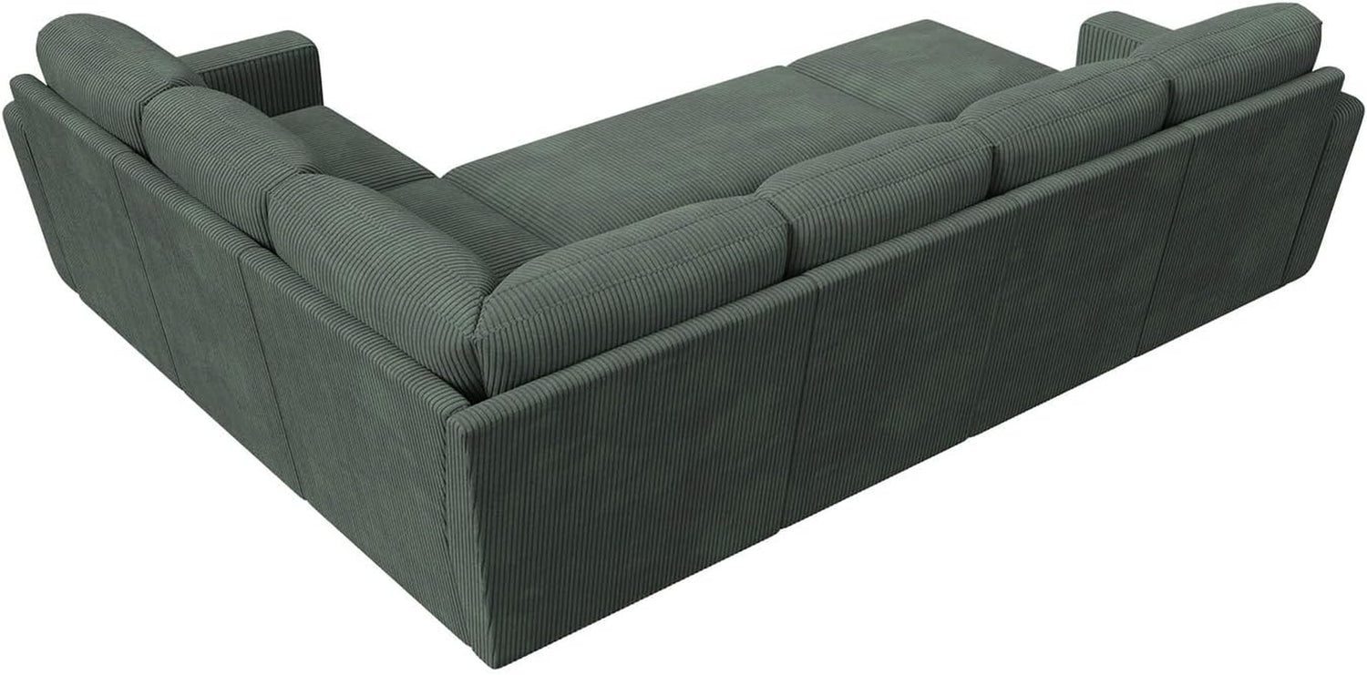 Modular Sectional Sleeper Sofa with Pull Out Bed, Corduroy Couch with Storage Seats Ottoman, U Shaped Sectional Couches for Living Room, Green