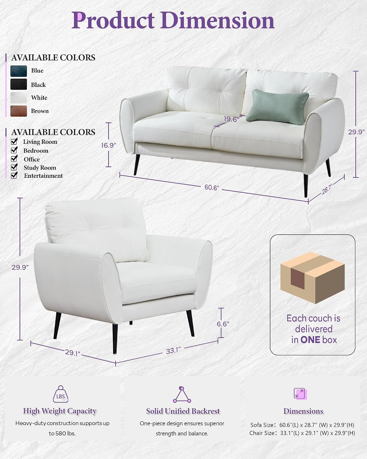 Dimension diagram of white loveseat and matching chair with measurements and annotated height and depth