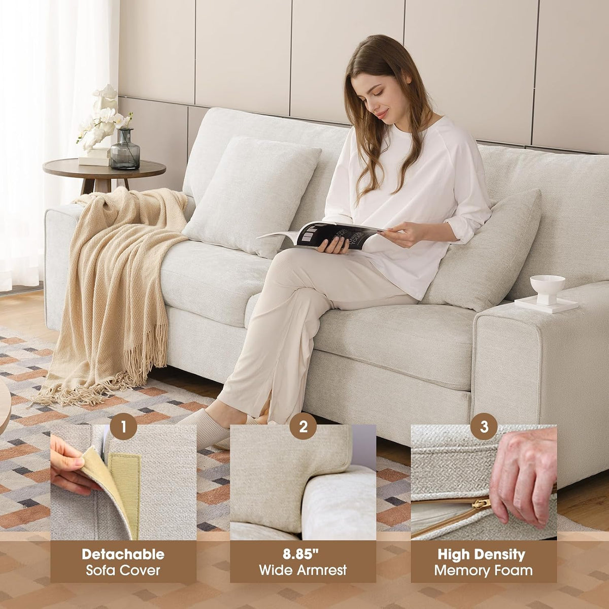 Person seated on a light beige chenille 3-seat sofa reading with two loose back cushions