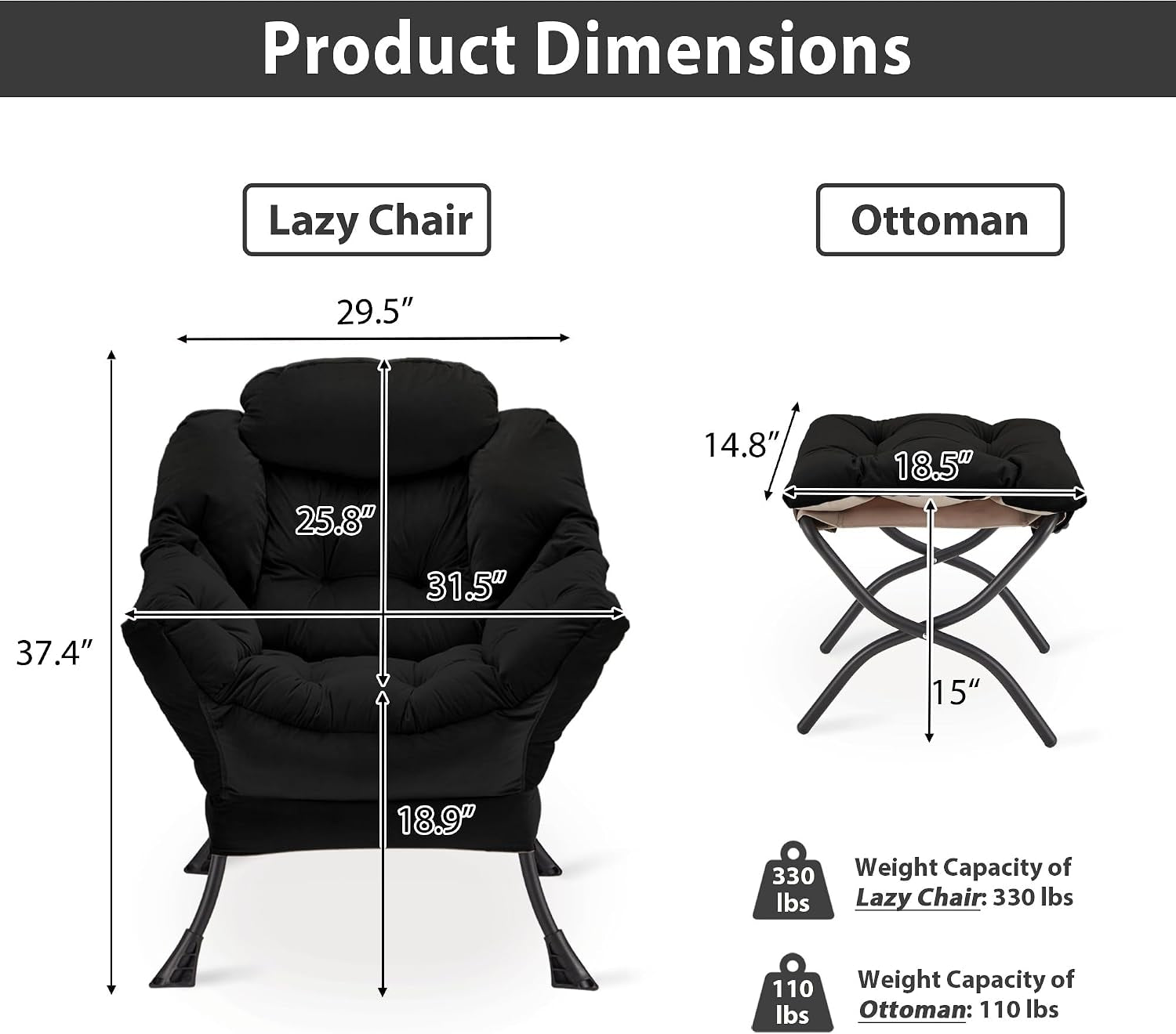 Front-facing product diagram showing chair and ottoman dimensions and height measurements