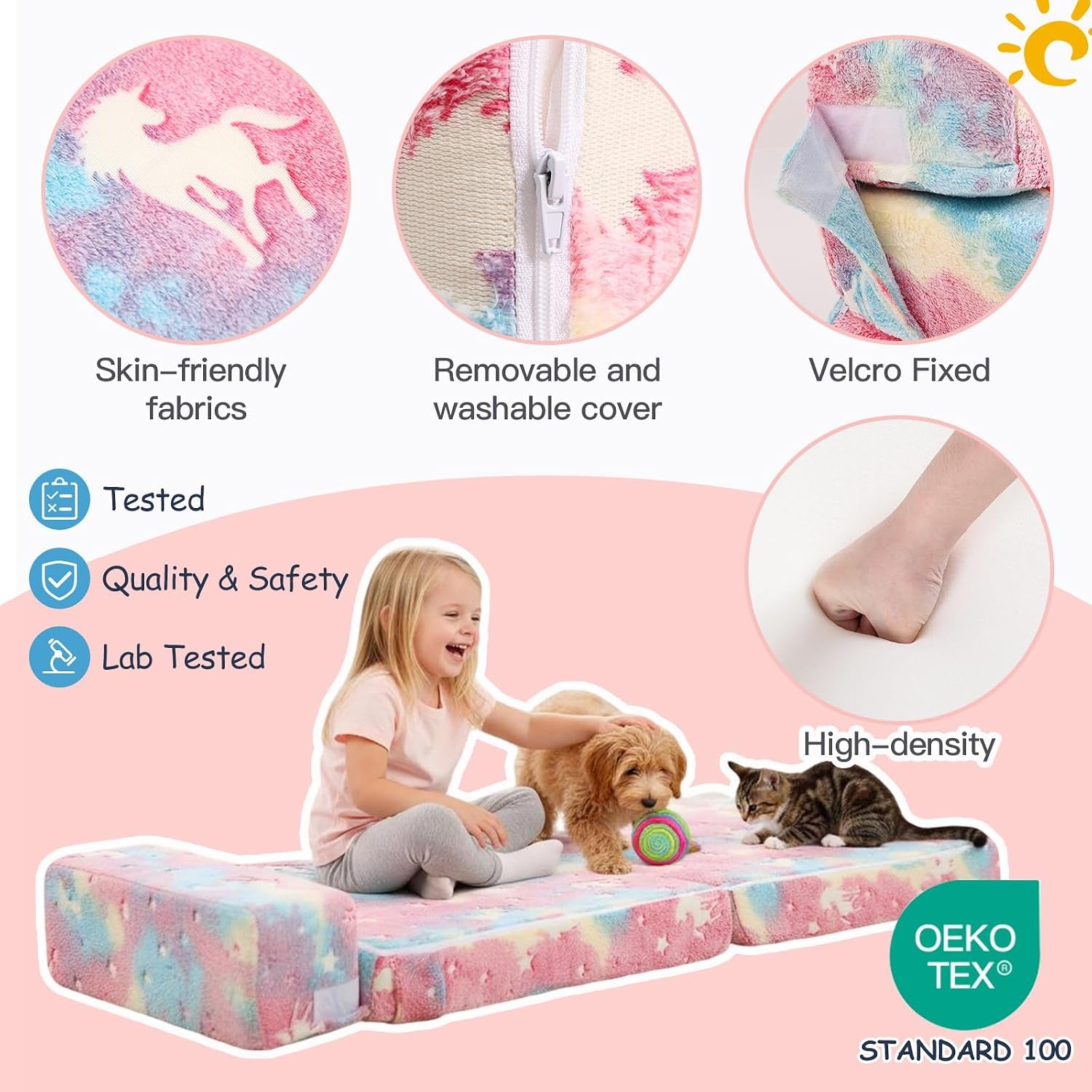 Collage of round close-ups showing unicorn-pattern fabric, zipper, velcro and a child with dog and cat on the unfolded