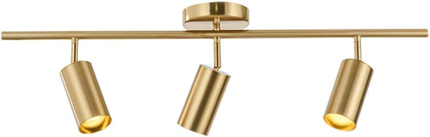 Front-facing view of a three-head gold track light with central round canopy