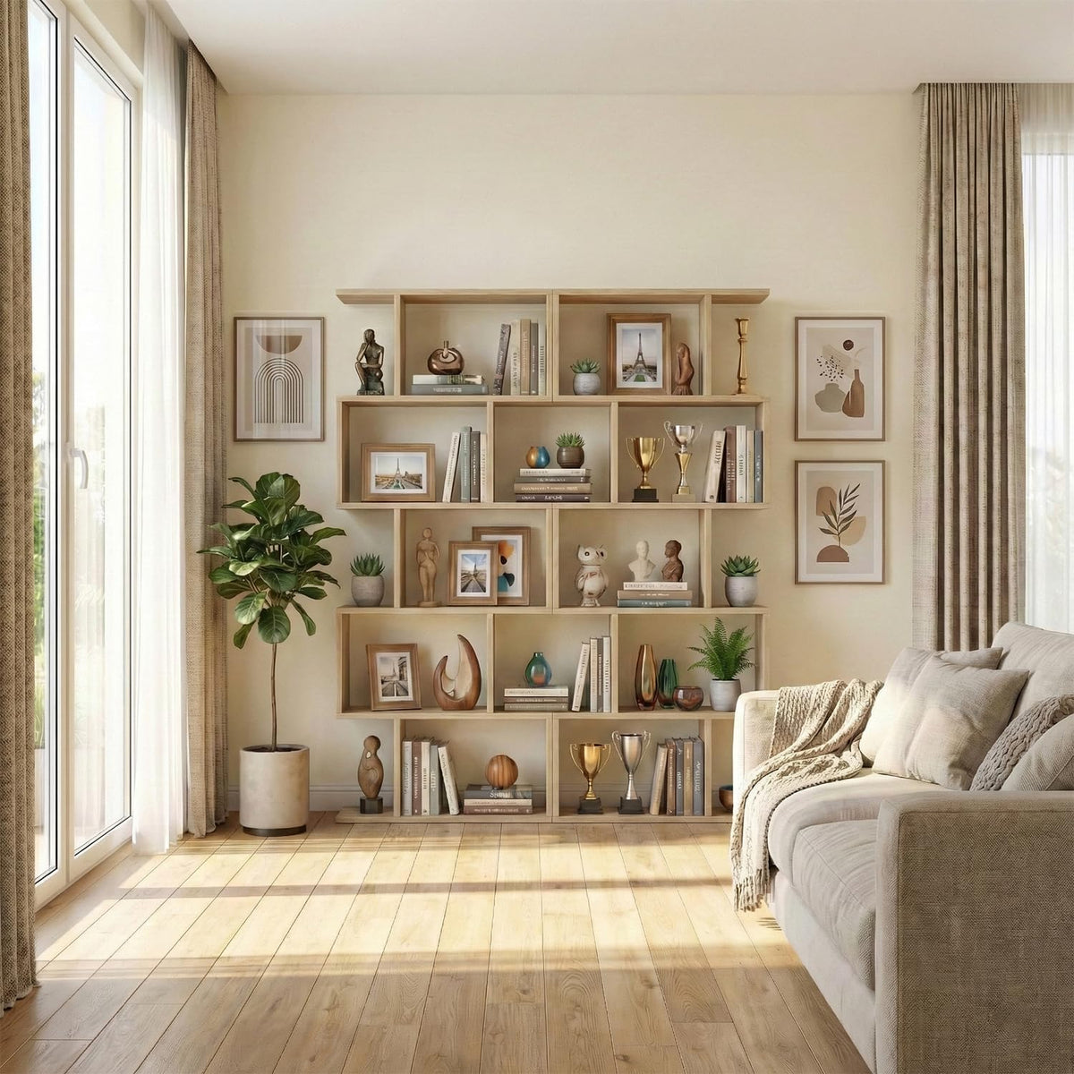 Two S-shaped oak-finish bookcases filled with decor across a sunny living room wall, centered front view