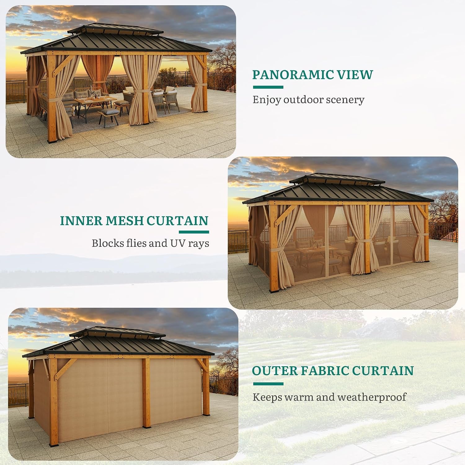 Three-panel collage showing a panoramic view, inner mesh curtains, and outer fabric curtains on the gazebo