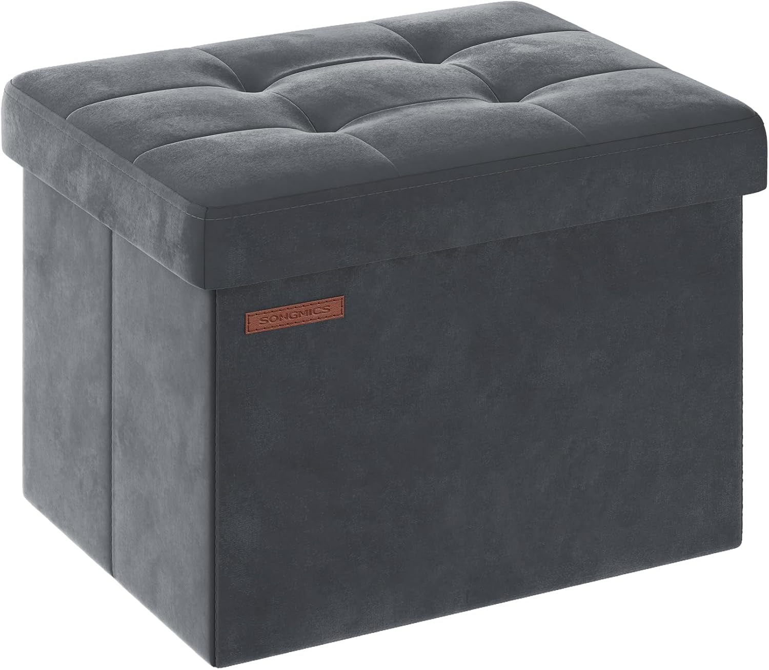 Closed tufted storage ottoman in a dark charcoal gray shown from a slight angle