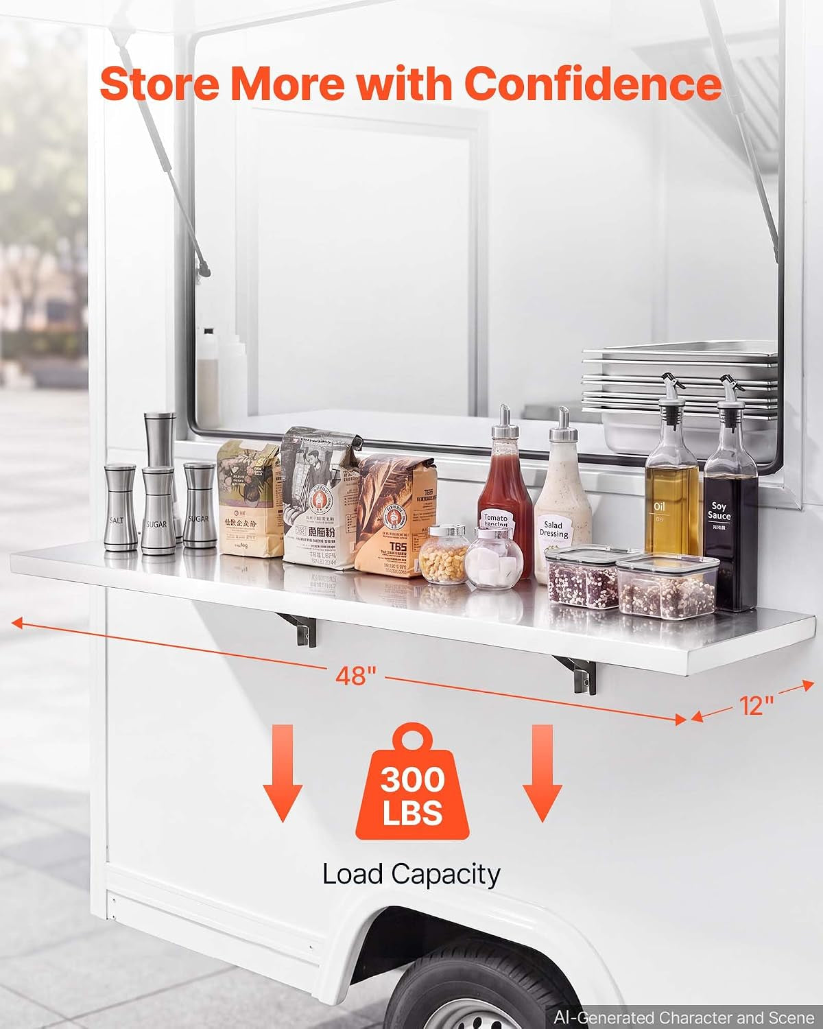 Shelf installed on an exterior service window with orange arrows and icons illustrating length, depth and weight graphics.