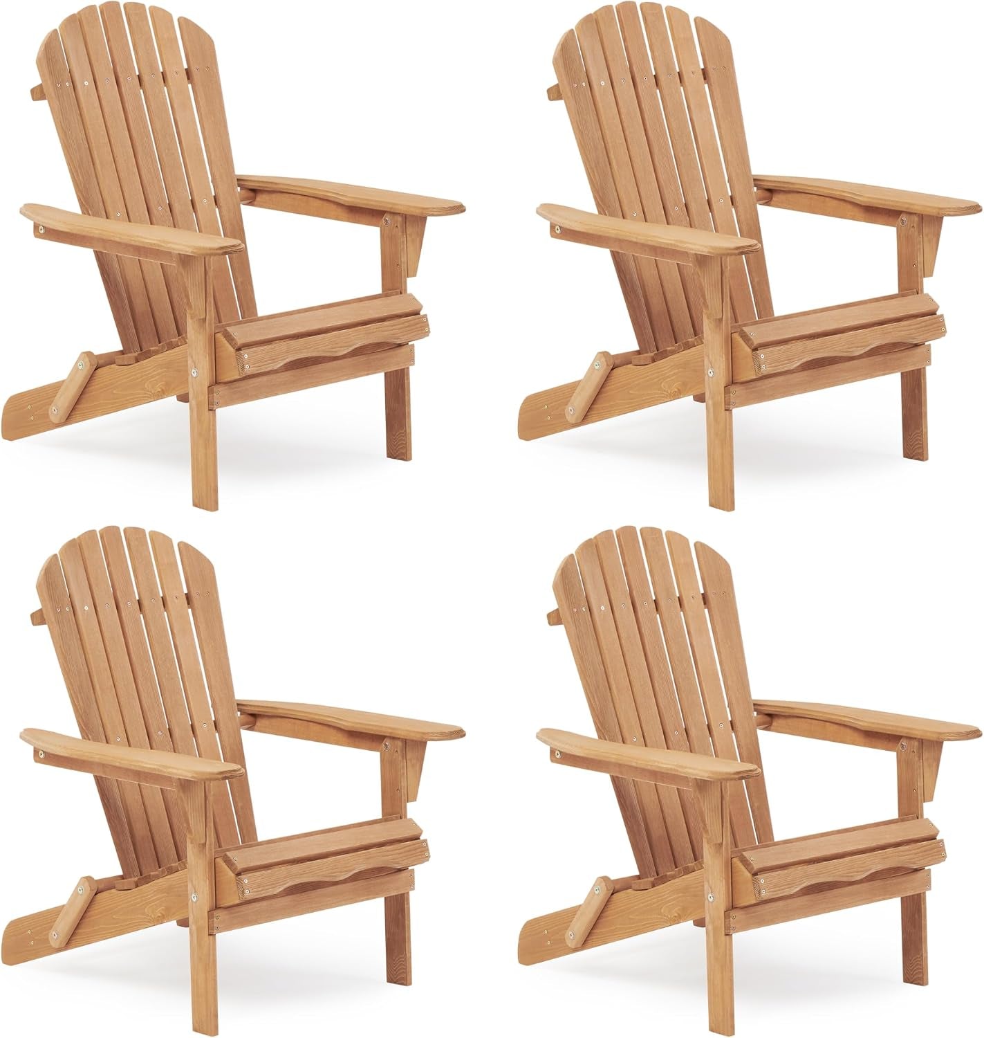 Four light natural hemlock Adirondack chairs in a 2x2 layout on a white background, three-quarter front angle.