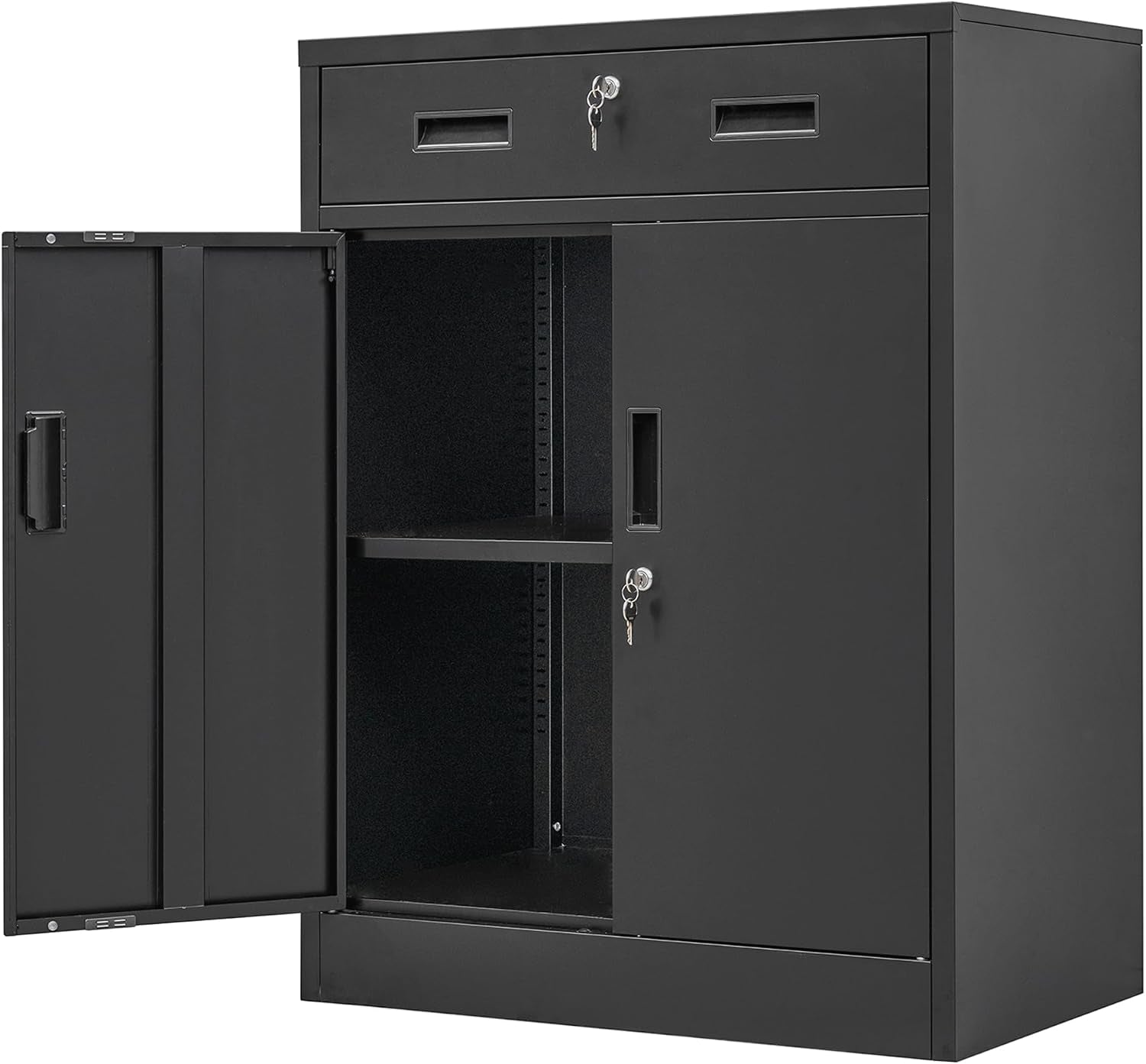 Black metal storage cabinet front with left door open, single internal shelf and keyed locks visible