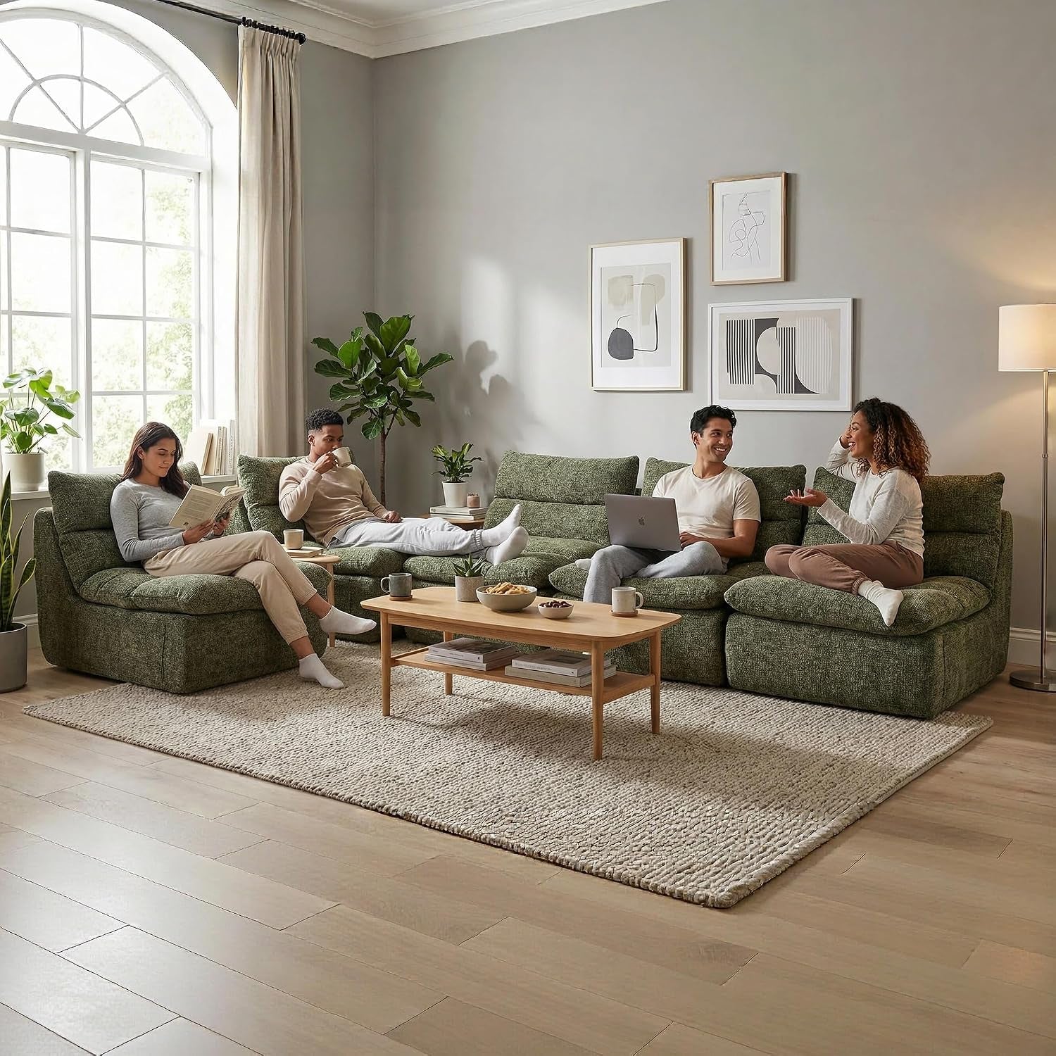 Living room scene with multiple matching olive green boneless floor chairs forming casual seating and four people using them