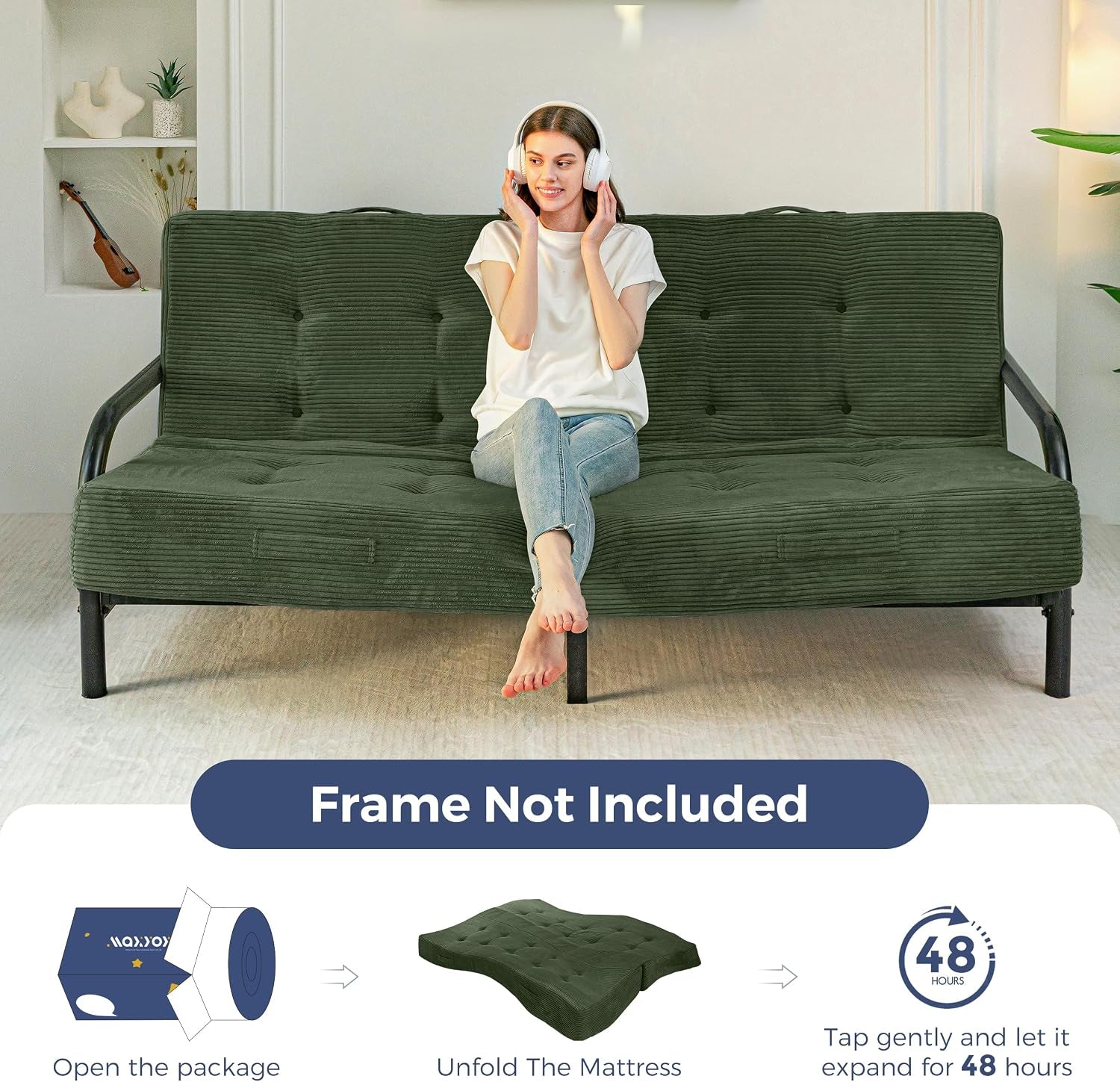 Woman sitting on a green corded futon mattress placed on a black metal frame in a bright room