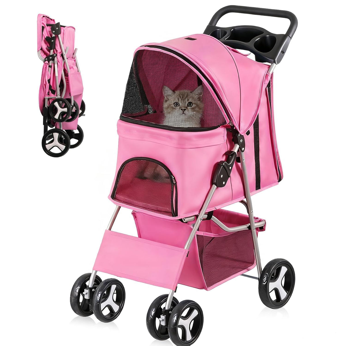 Pink pet stroller in studio with mesh front showing a cat and a small folded-stroller inset.