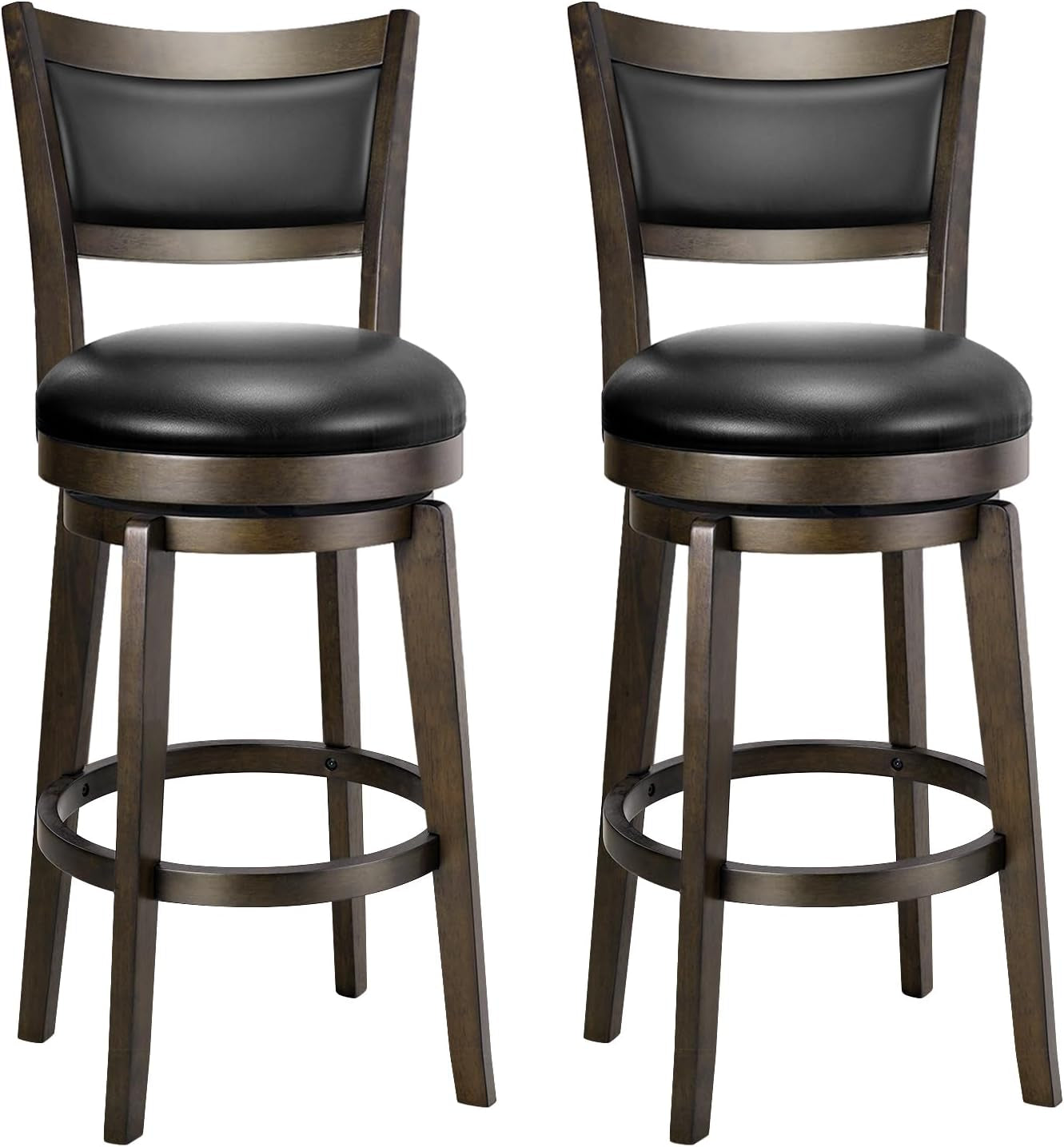 Two bar stools side by side with black padded seats and dark wood frames, shown on white background.