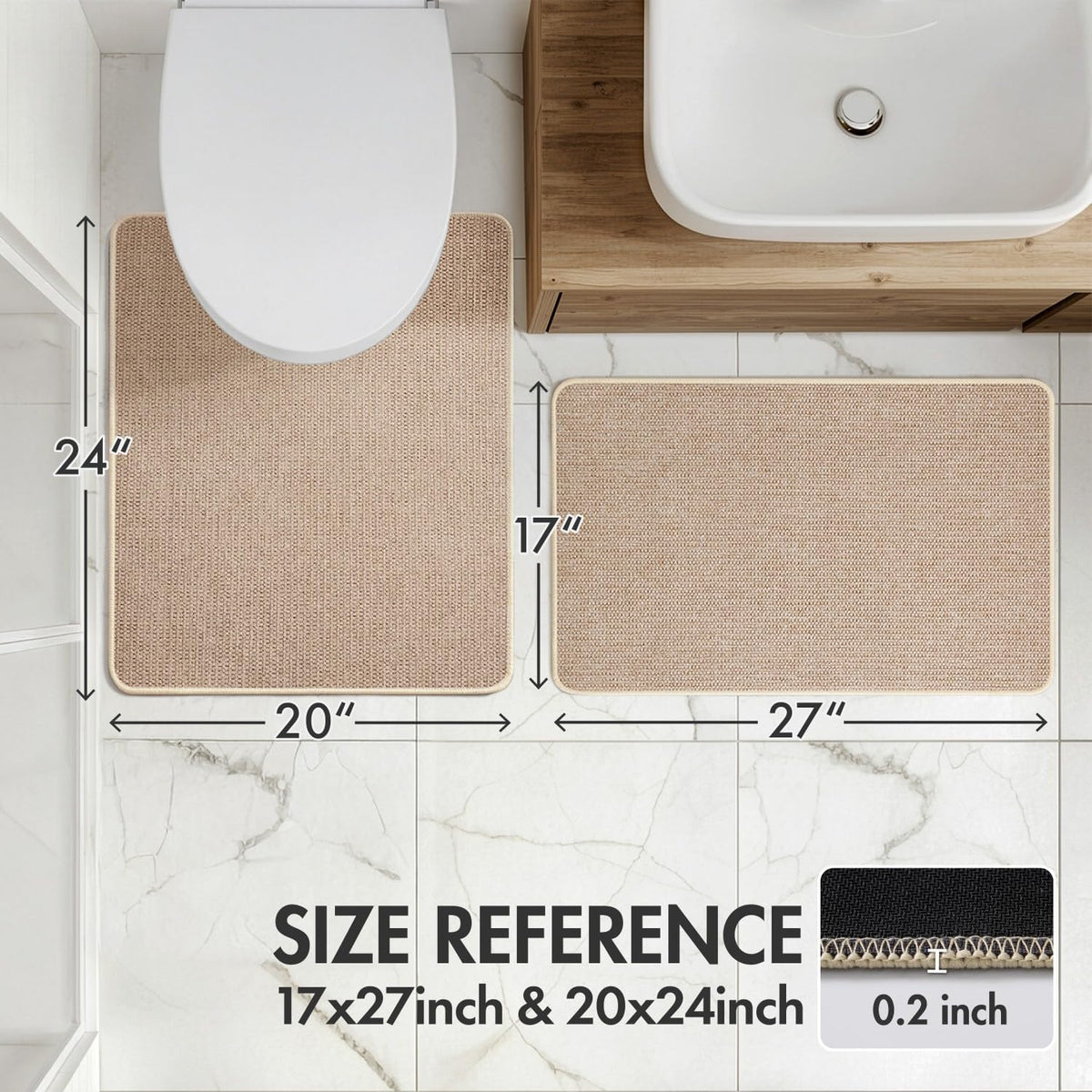 Overhead view showing beige U-shaped 20 x 24 inch rug and 17 x 27 inch rectangular mat with size labels and 0.2 inch profile