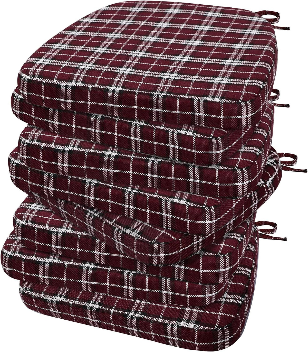 Stack of four burgundy plaid D-shaped cushions showing check pattern across tops and ties at the corners