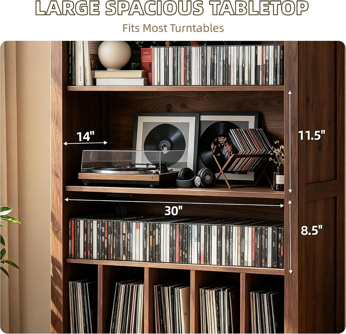 Close-up of the tabletop shelf with a turntable showing the shelf width and available storage height