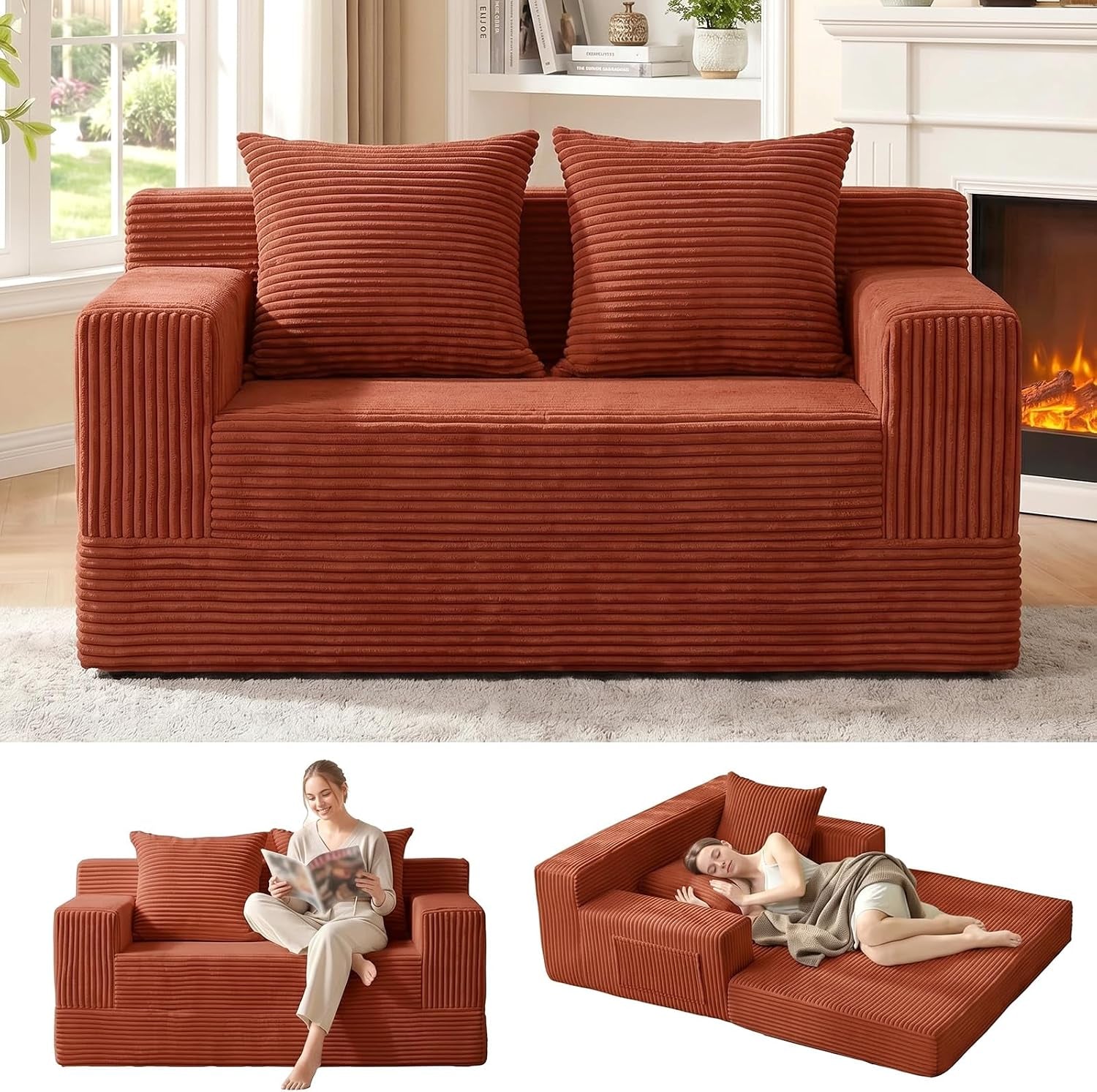 Rust-colored corduroy three-seater sofa staged in a living room with two pillows; insets show sitting and folded-out bed.