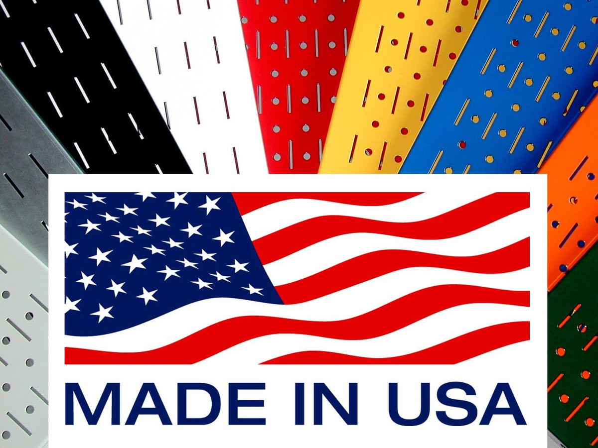 Fan of multiple colored pegboard panels with an overlaid American flag graphic