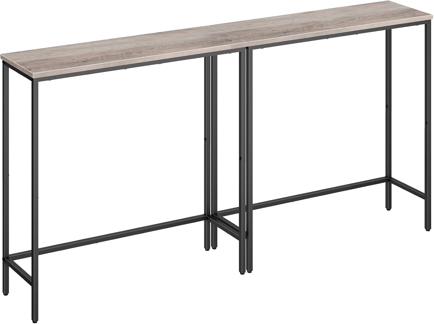 Narrow console table with light rustic wood top and slim black metal frame, shown from front angle.
