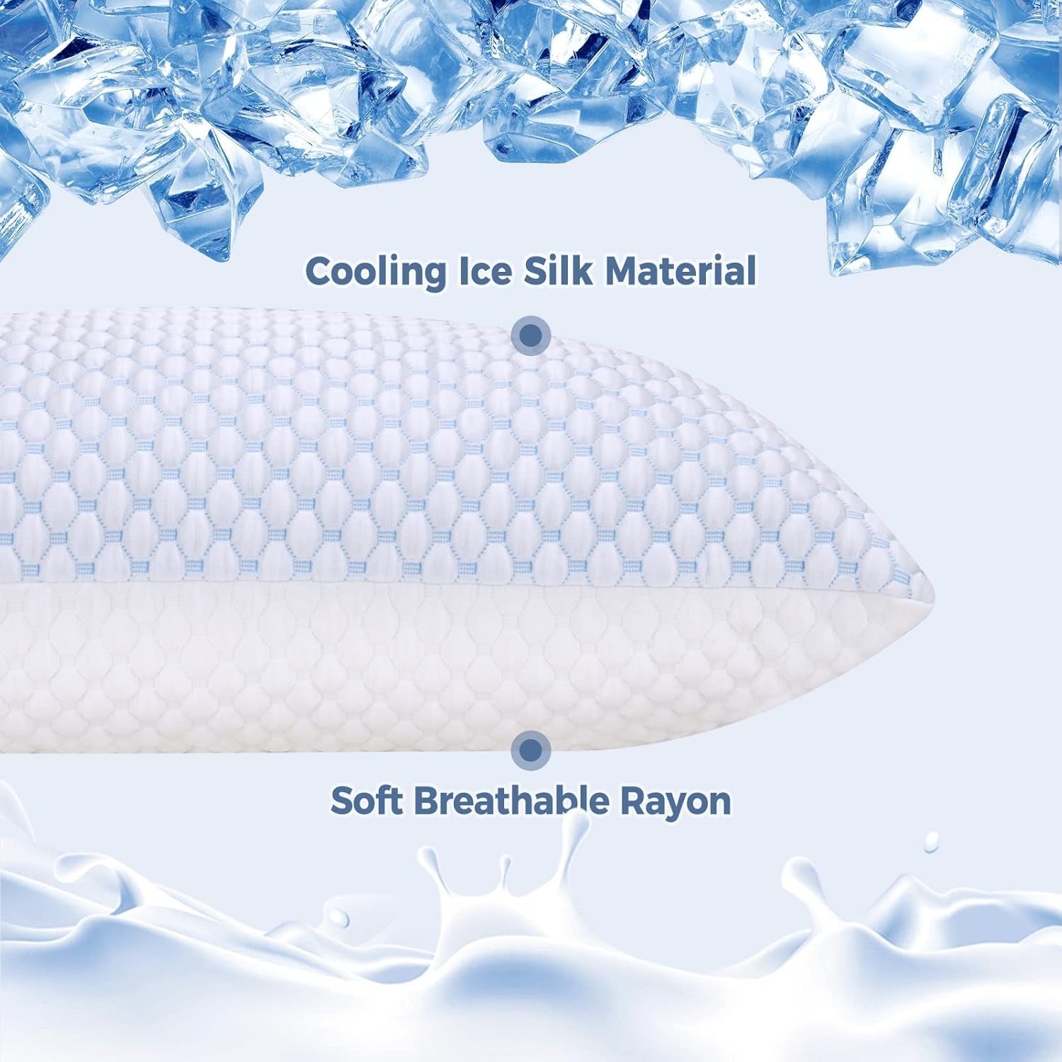 Close side view of a quilted pillow showing cooling IceSilk top and soft breathable rayon bottom with ice graphic