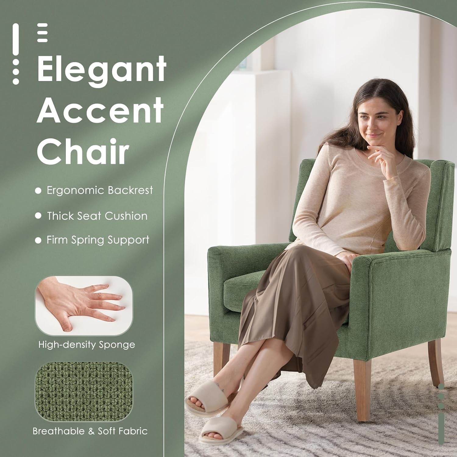 Person seated in green wingback chair highlighting high-density foam cushion and breathable fabric