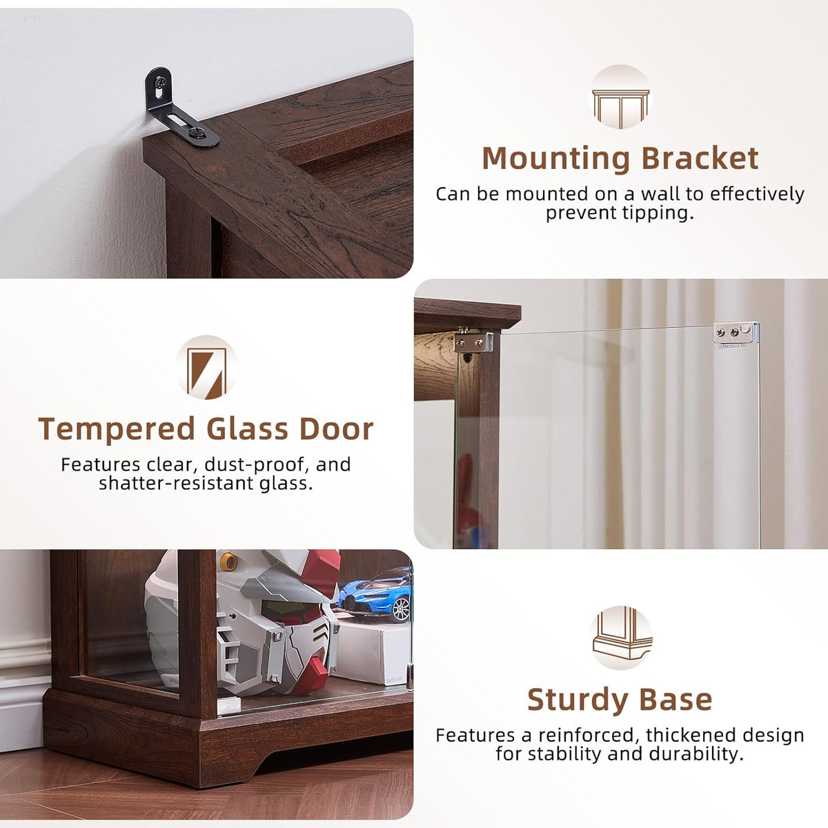 Collage close-ups showing a mounting bracket on the top, a tempered glass door edge, and the cabinet's sturdy base