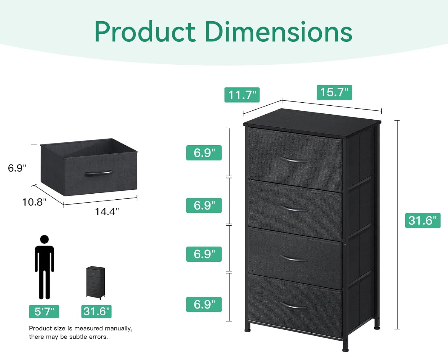Graphic diagram of dresser dimensions and a single drawer interior measurements