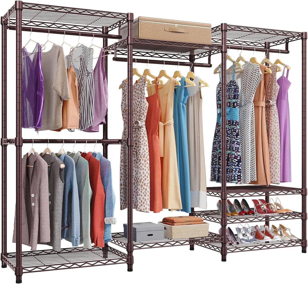 Close-front view of a dark bronze freestanding three-section closet rack loaded with hanging clothes and shoe shelves.