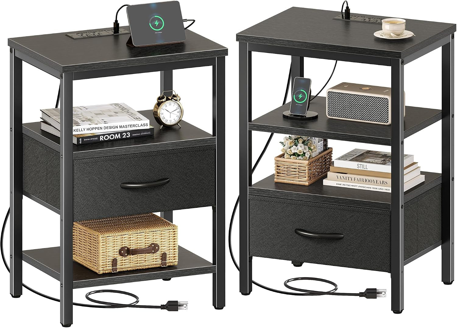 Two black nightstand variants shown from slightly different angles, highlighting drawer, shelves and top outlet.