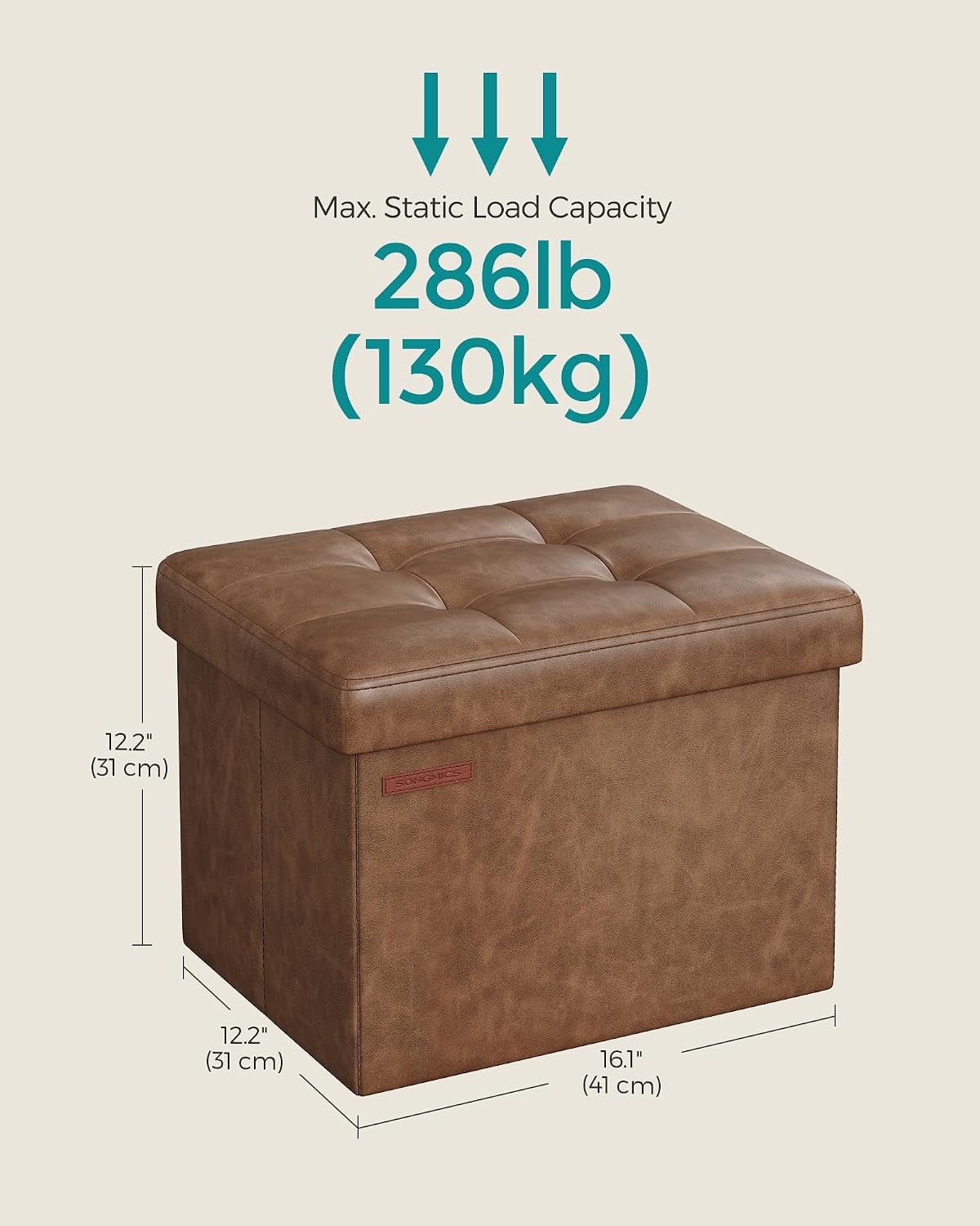 Coffee brown ottoman with dimension callouts showing 12.2" x 16.1" x 12.2" and 286 lb capacity