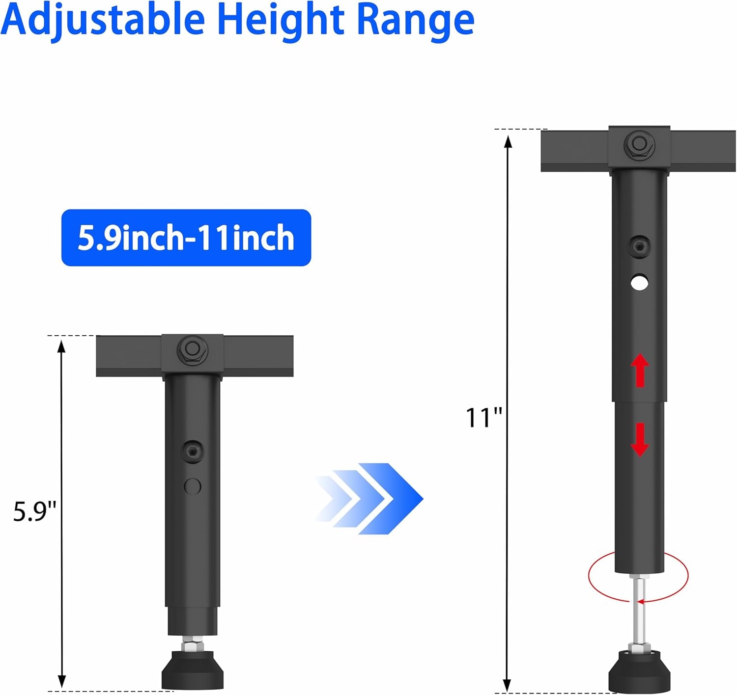 Close-up diagram of a black adjustable middle leg showing short and extended positions with height adjustment arrows