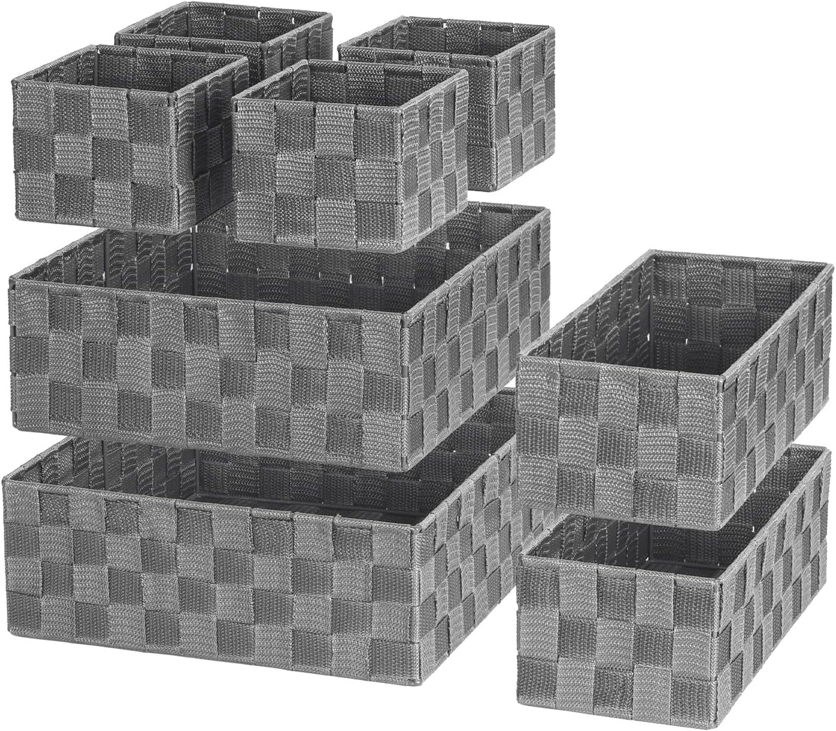 Set of five gray woven baskets arranged in staggered stack showing open interiors